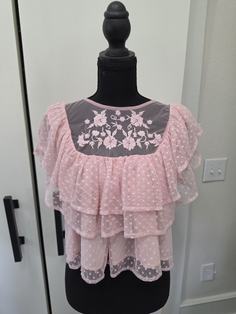 Altar'd State Light Pink Sheer Dot Ruffle Blouse with Embroidered Yoke